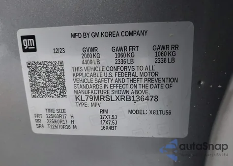 2024 Chevrolet Trailblazer Awd Lt z USA, uszkodzony, nr VIN KL79MRSLXRB136478